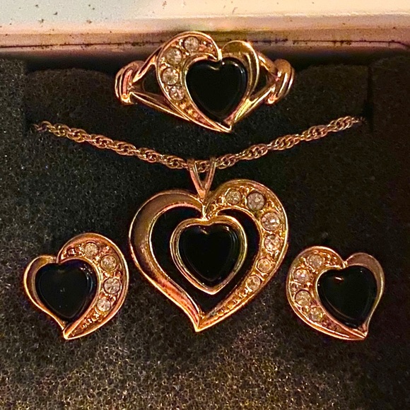 Avon Jewelry - Avon Onyx heart necklace, ring earring set NEW